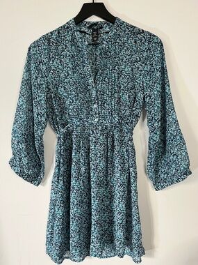 H&M Women’s Cottagecore Tunic Style Blue Floral Patterned V-Neck Dress Size 6